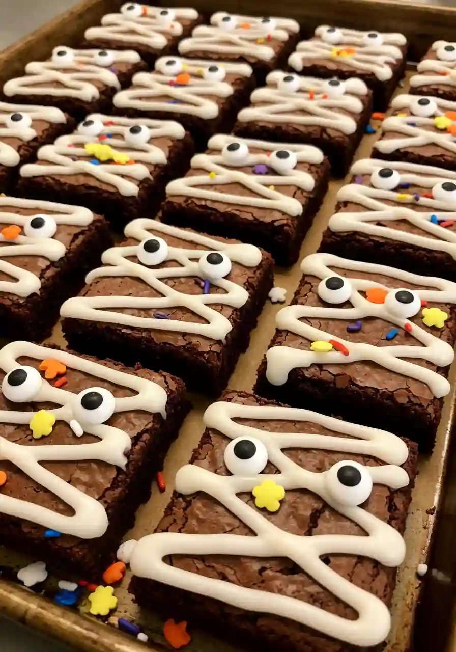 Halloween mummy brownies drizzled with white icing and candy eyes.