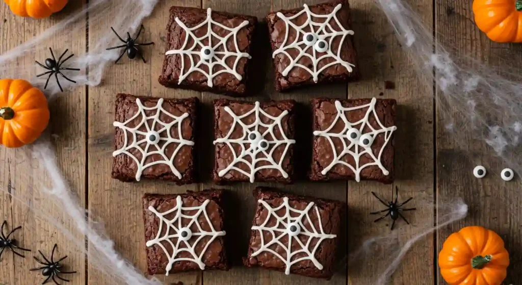 Spiderweb brownies with white icing and candy eyes on a Halloween table.