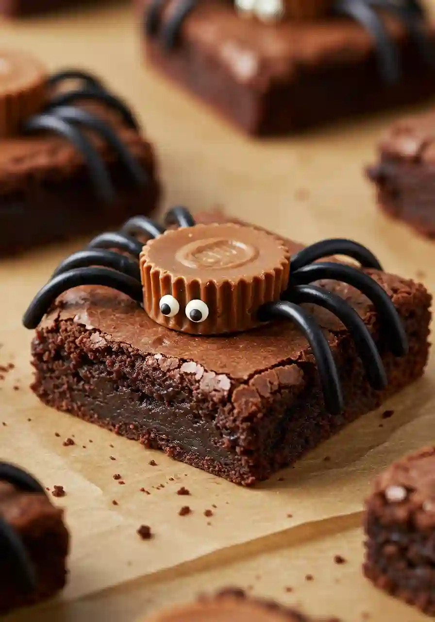 Brownie square topped with a peanut butter cup spider and licorice legs.