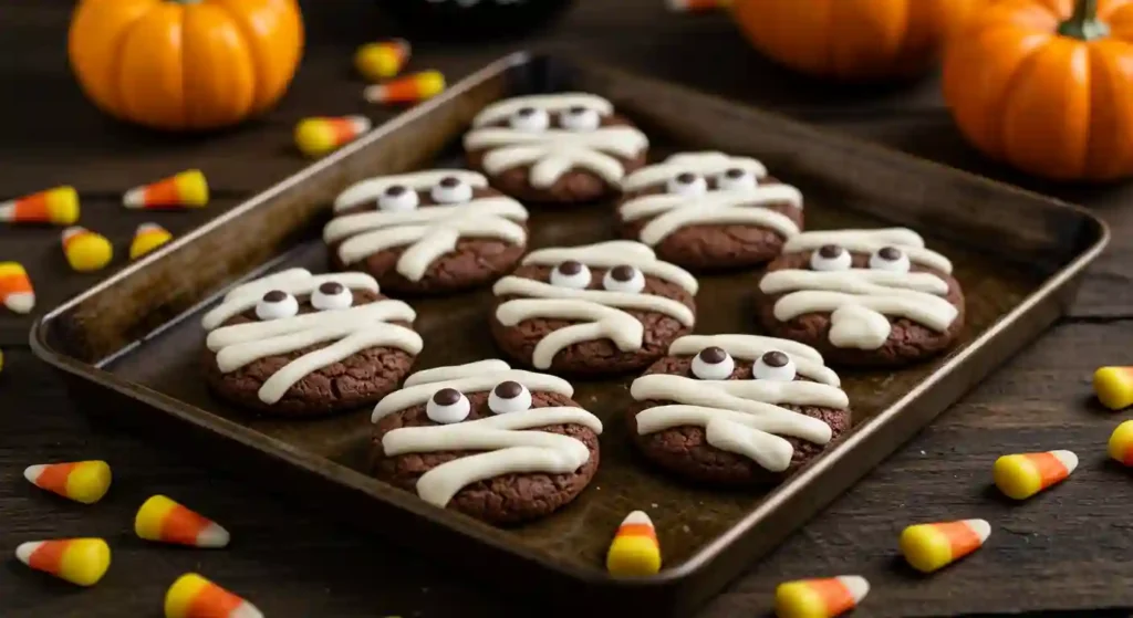 Mummy Cookies Recipe with chocolate cookies decorated as mummies with white buttercream and candy eyes, perfect for Halloween.