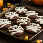 Mummy Cookies Recipe with chocolate cookies decorated as mummies with white buttercream and candy eyes, perfect for Halloween.