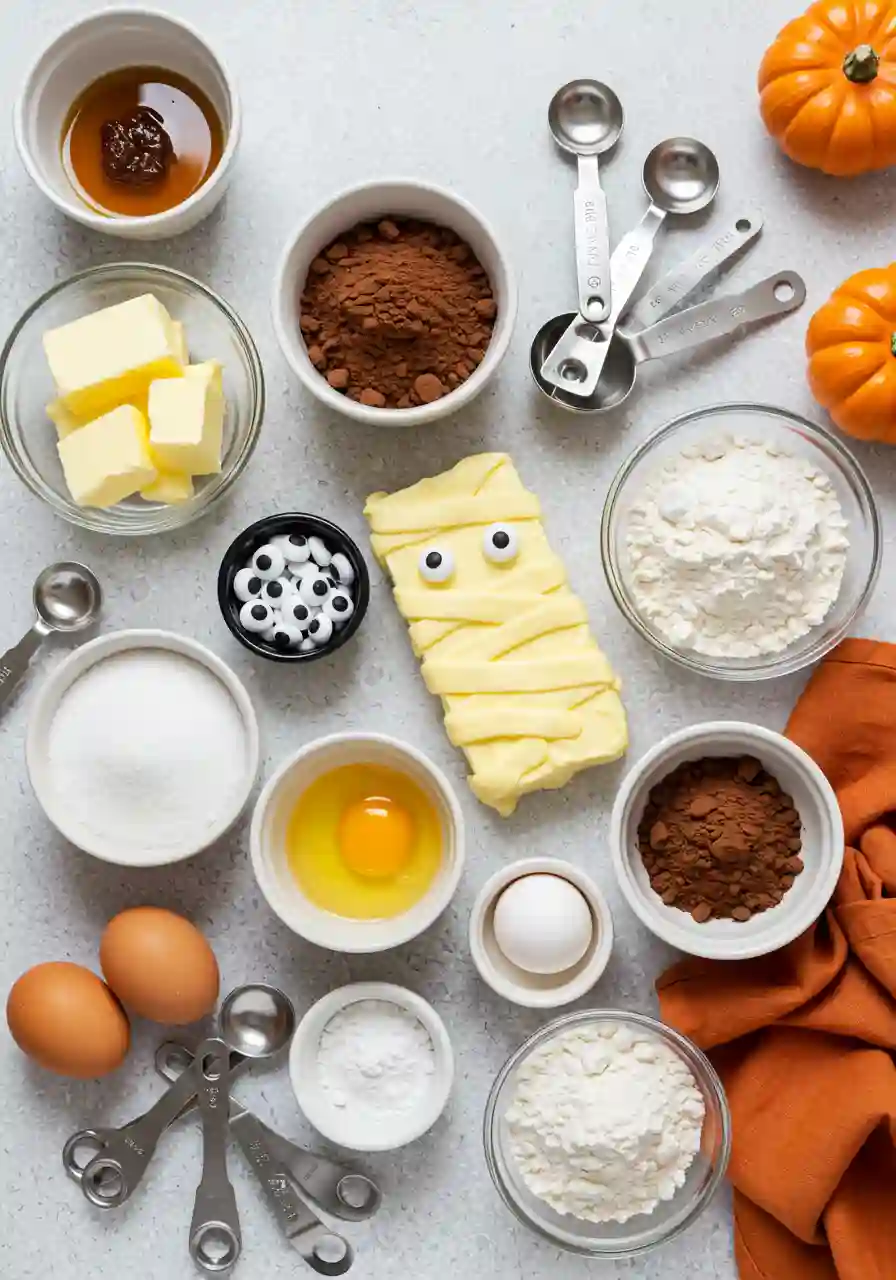 mummy-cookies-recipe-ingredients Ingredients for Mummy Cookies Recipe including butter, sugar, cocoa, flour, eggs, vanilla, and candy eyes styled in bowls on a rustic surface with fall accents.