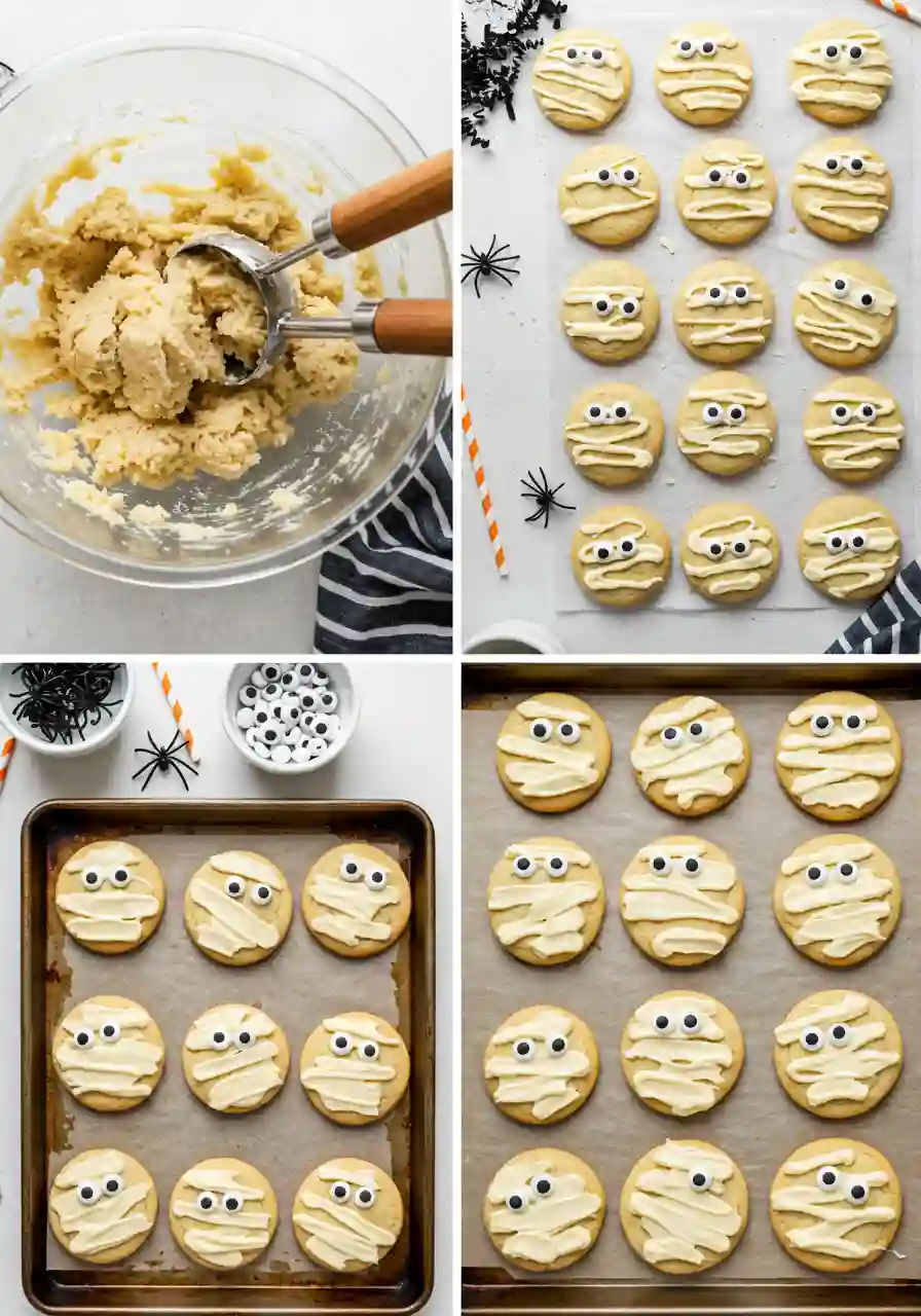 mummy-cookies-recipe-step-by-step Step-by-step process of Mummy Cookies Recipe with dough mixing, scooping cookies onto a tray, baking, and decorating with buttercream bandages and candy eyes.