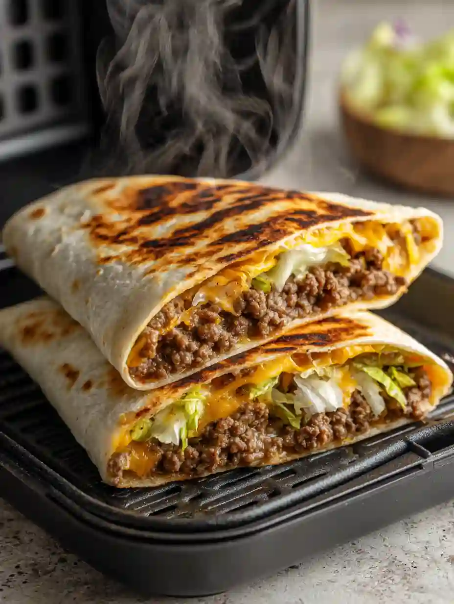 big mac crunchwrap air fried and sliced with melted cheese
