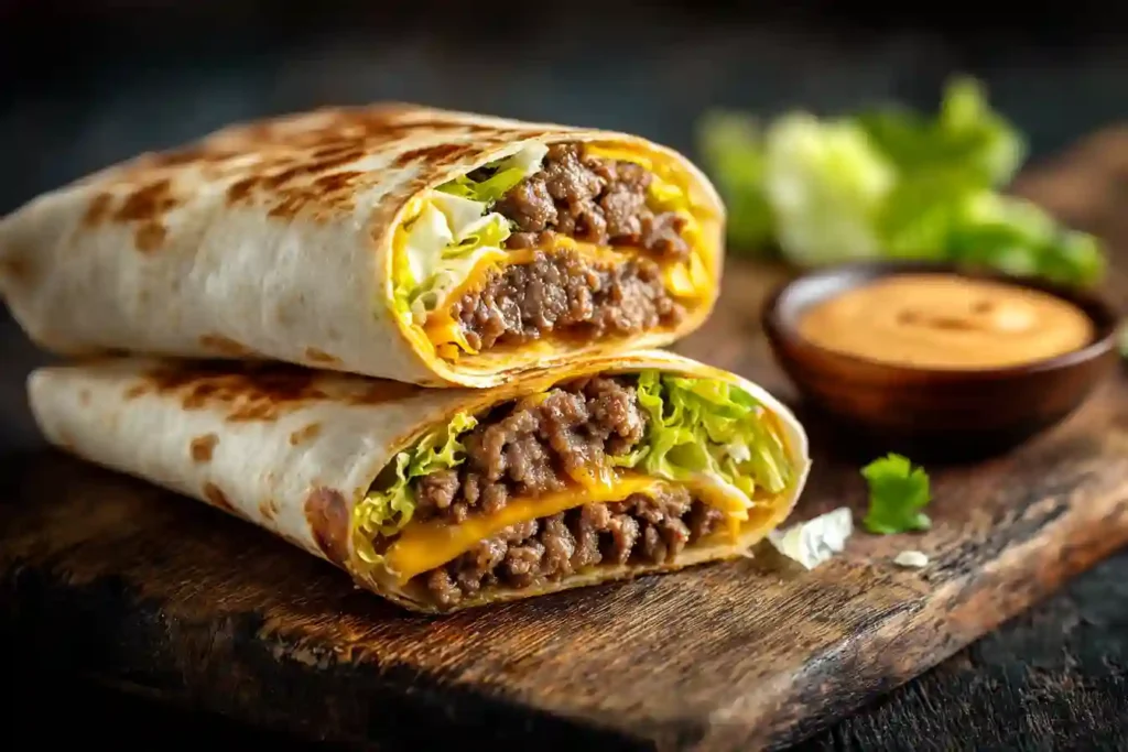 big mac wrap with beef, cheese, pickles, and sauce in a toasted tortilla