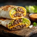 big mac wrap with beef, cheese, pickles, and sauce in a toasted tortilla