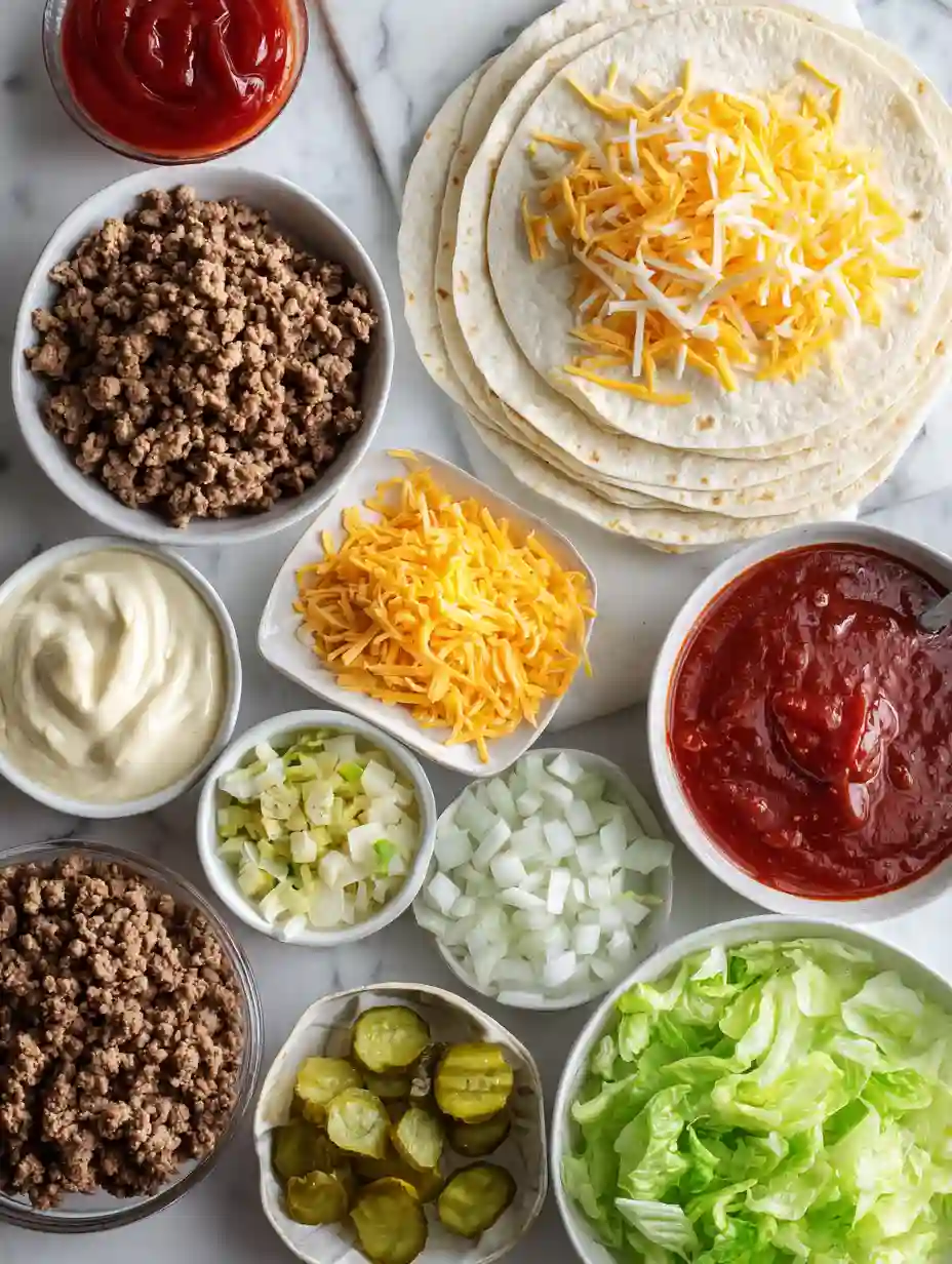 ingredients for Big Mac wraps arranged on a white countertop
