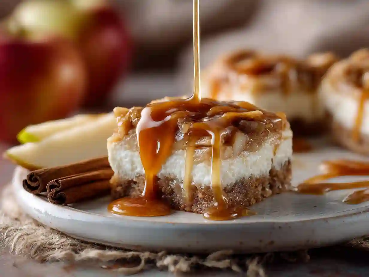 Caramel Apple Cheesecake Bars stacked on a plate with caramel drizzle and apples in the background.