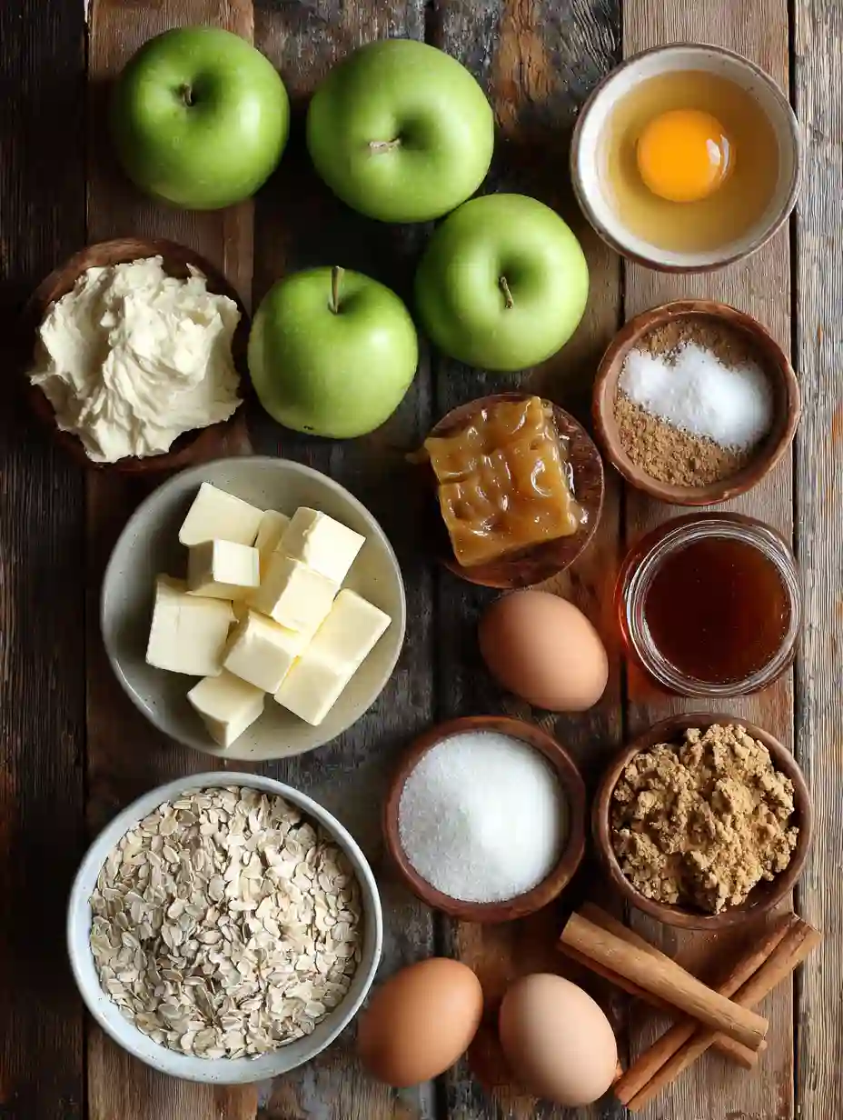 Flat lay of ingredients for Caramel Apple Cheesecake Bars — apples, cream cheese, oats, butter, and caramel sauce.