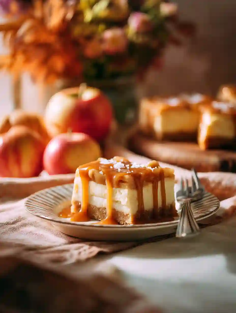 Slices of Caramel Apple Cheesecake Bars with caramel drizzle on a plate and fall table decor.