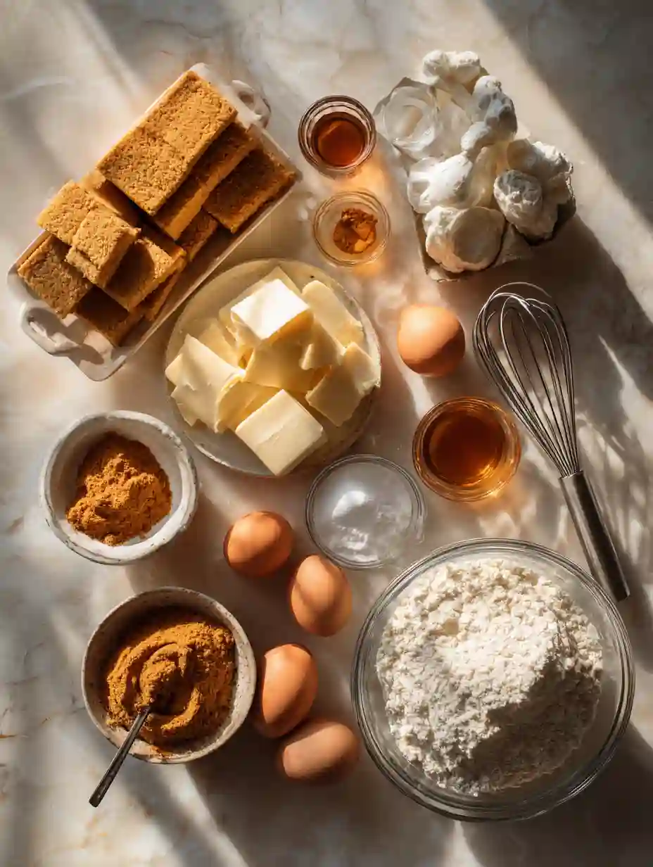 Ingredients for Easy Pumpkin Cheesecake Bars displayed neatly on a rustic wooden table.