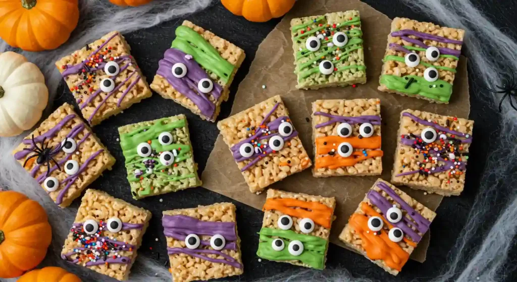 Alt text: Monster Rice Krispie Treats decorated with colorful candy melts and candy eyes for Halloween.