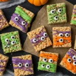 Alt text: Monster Rice Krispie Treats decorated with colorful candy melts and candy eyes for Halloween.