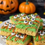 Final decorated Monster Rice Krispie Treats with colorful candy melts and candy eyes for Halloween.