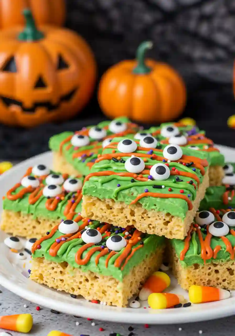 monster-rice-krispie-treats-final Final decorated Monster Rice Krispie Treats with colorful candy melts and candy eyes for Halloween.