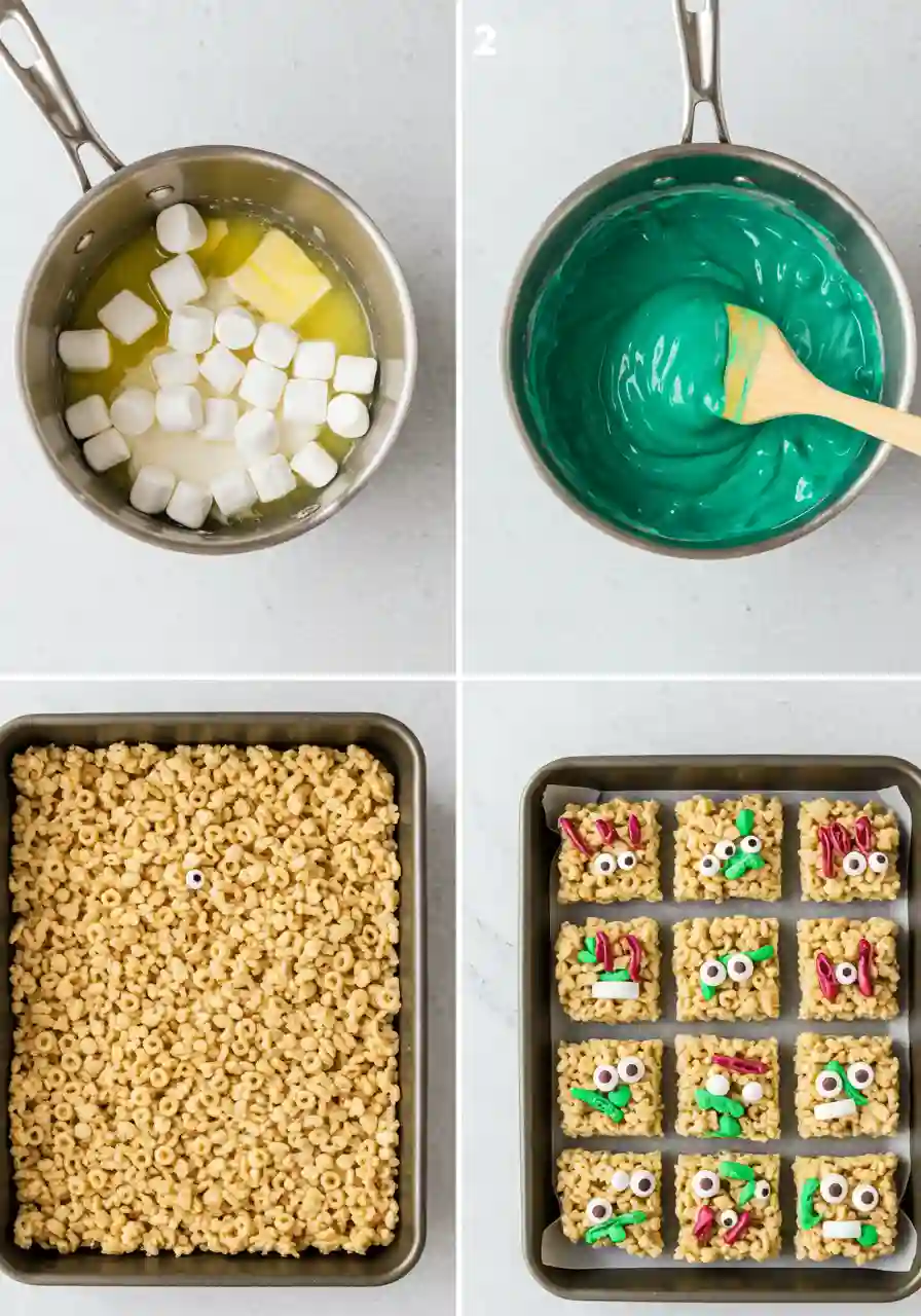 monster-rice-krispie-treats-steps Step-by-step process for making Monster Rice Krispie Treats with marshmallows, cereal, food coloring, and candy eyes.