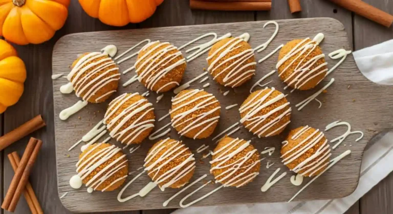 No-Bake Pumpkin Cheesecake Balls arranged on a plate with white chocolate drizzle and cozy fall decor.