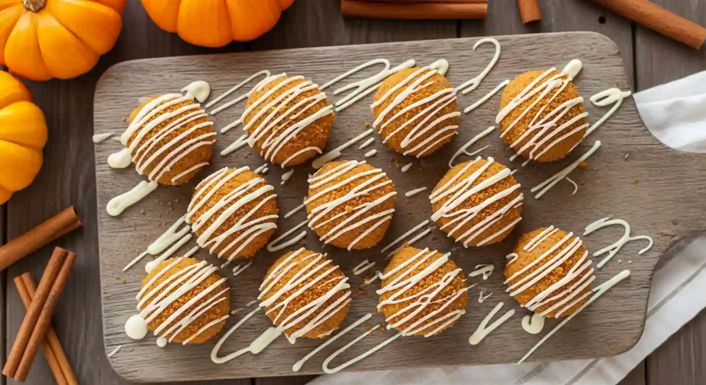 No-Bake Pumpkin Cheesecake Balls arranged on a plate with white chocolate drizzle and cozy fall decor.