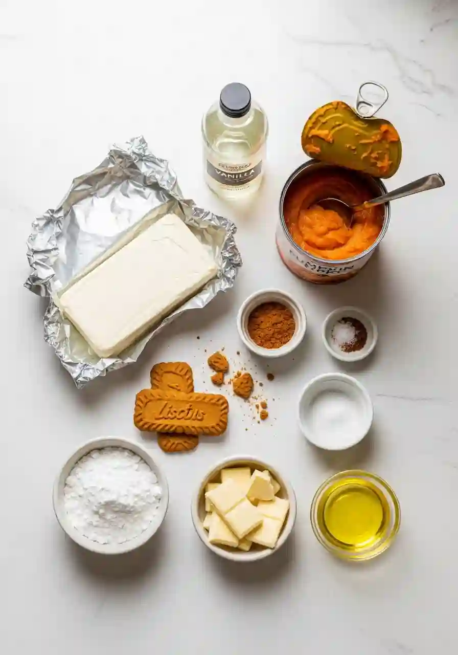 Ingredients for No-Bake Pumpkin Cheesecake Balls including cream cheese, pumpkin puree, Biscoff cookies, and white chocolate.