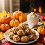 Served No-Bake Pumpkin Cheesecake Balls on a dessert platter with fall decorations and a mug of cocoa.