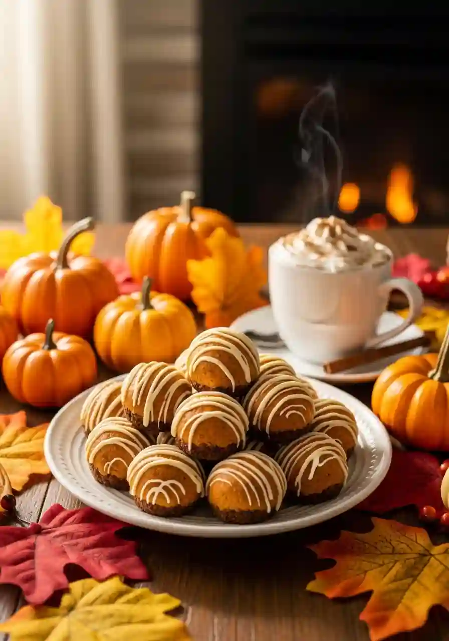 Served No-Bake Pumpkin Cheesecake Balls on a dessert platter with fall decorations and a mug of cocoa.