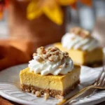 A close-up of Easy Pumpkin Cheesecake Bars topped with whipped cream and pecans.