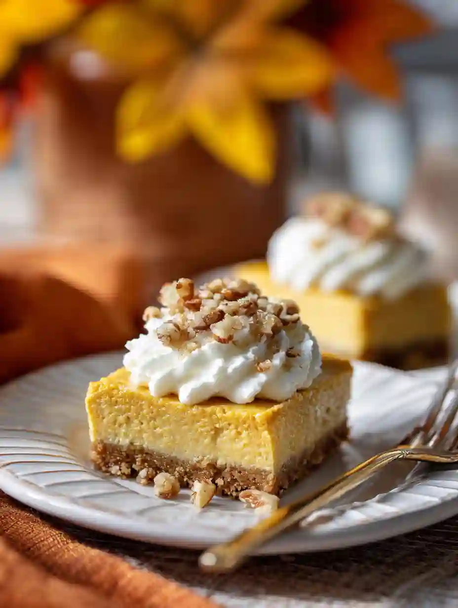 A close-up of Easy Pumpkin Cheesecake Bars topped with whipped cream and pecans.