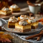 Easy Pumpkin Cheesecake Bars with whipped cream and pecans on a rustic wooden table for Thanksgiving dessert.