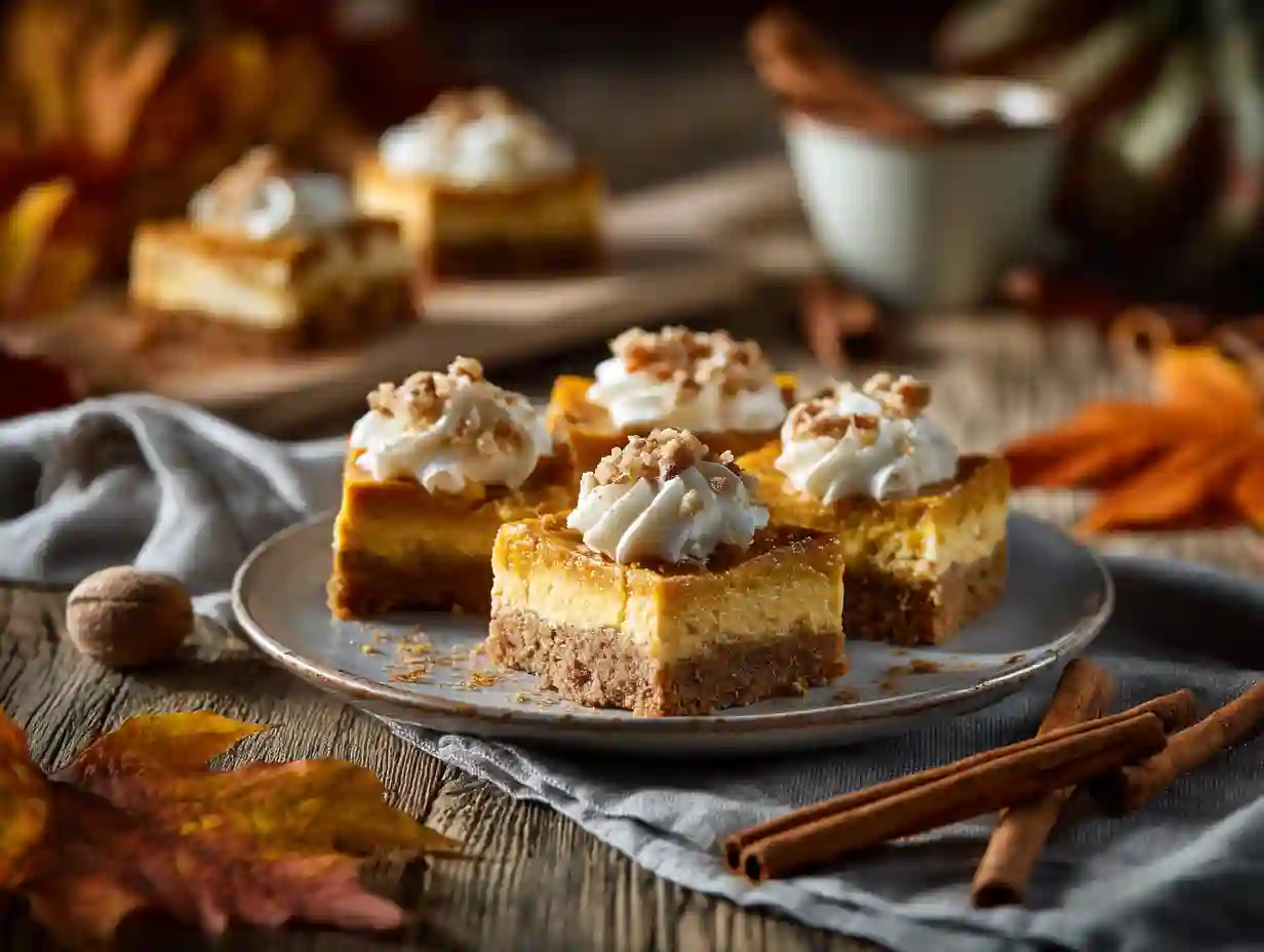 Easy Pumpkin Cheesecake Bars with whipped cream and pecans on a rustic wooden table for Thanksgiving dessert.