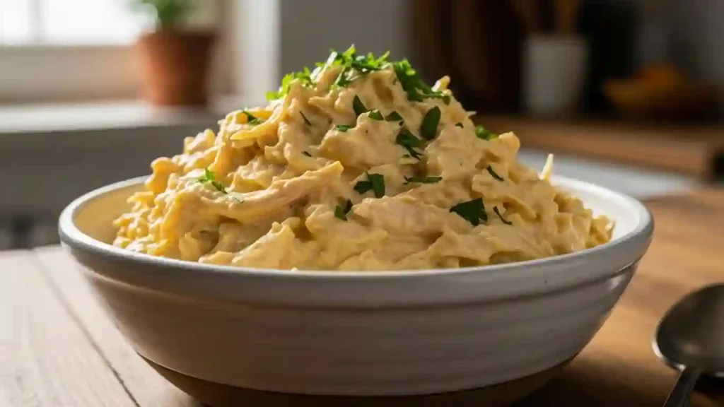 Creamy chicken soup salad recipe served cold with shredded chicken and parsley