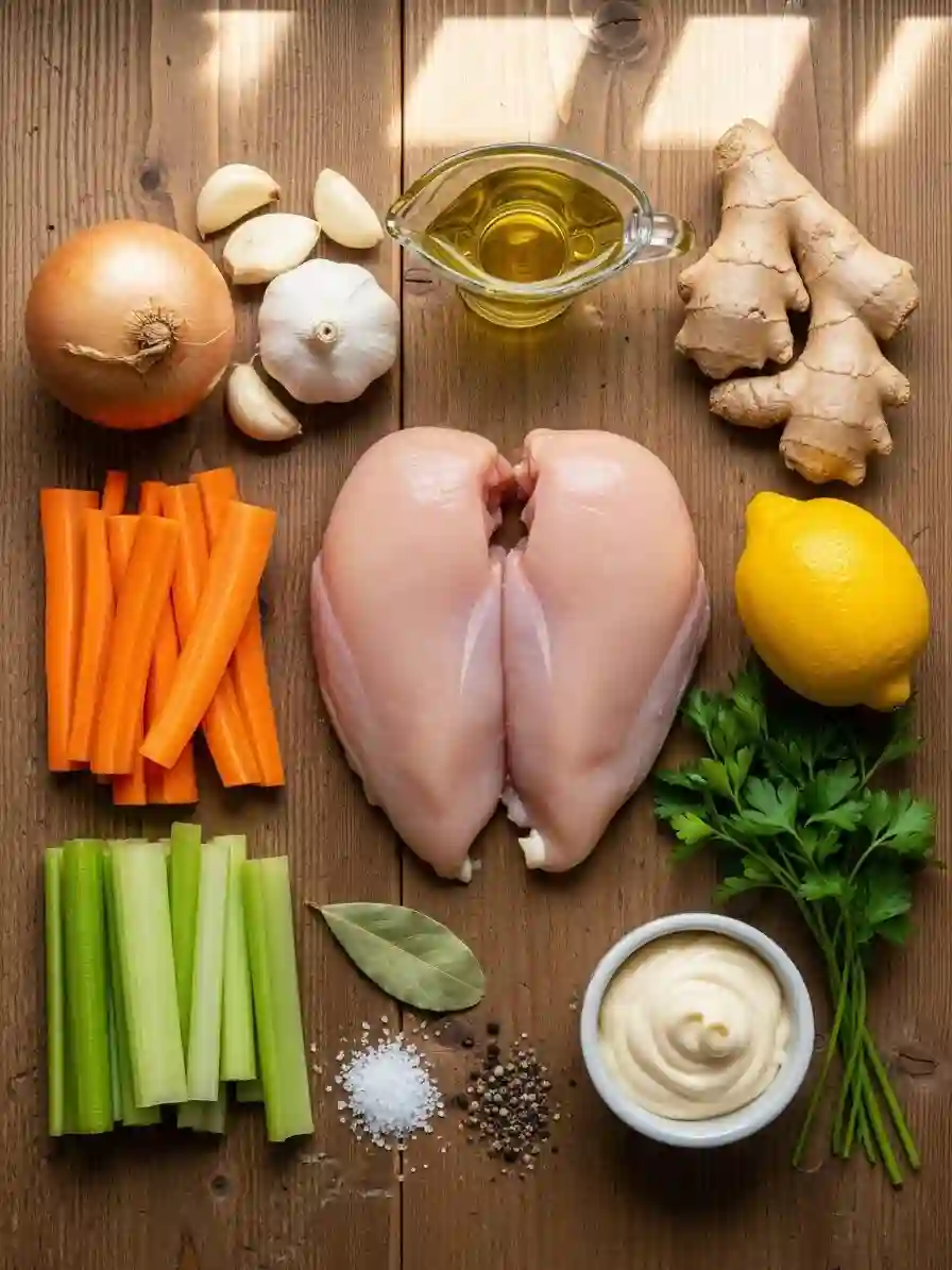 Ingredients for chicken soup salad recipe including chicken carrots celery onion and mayo