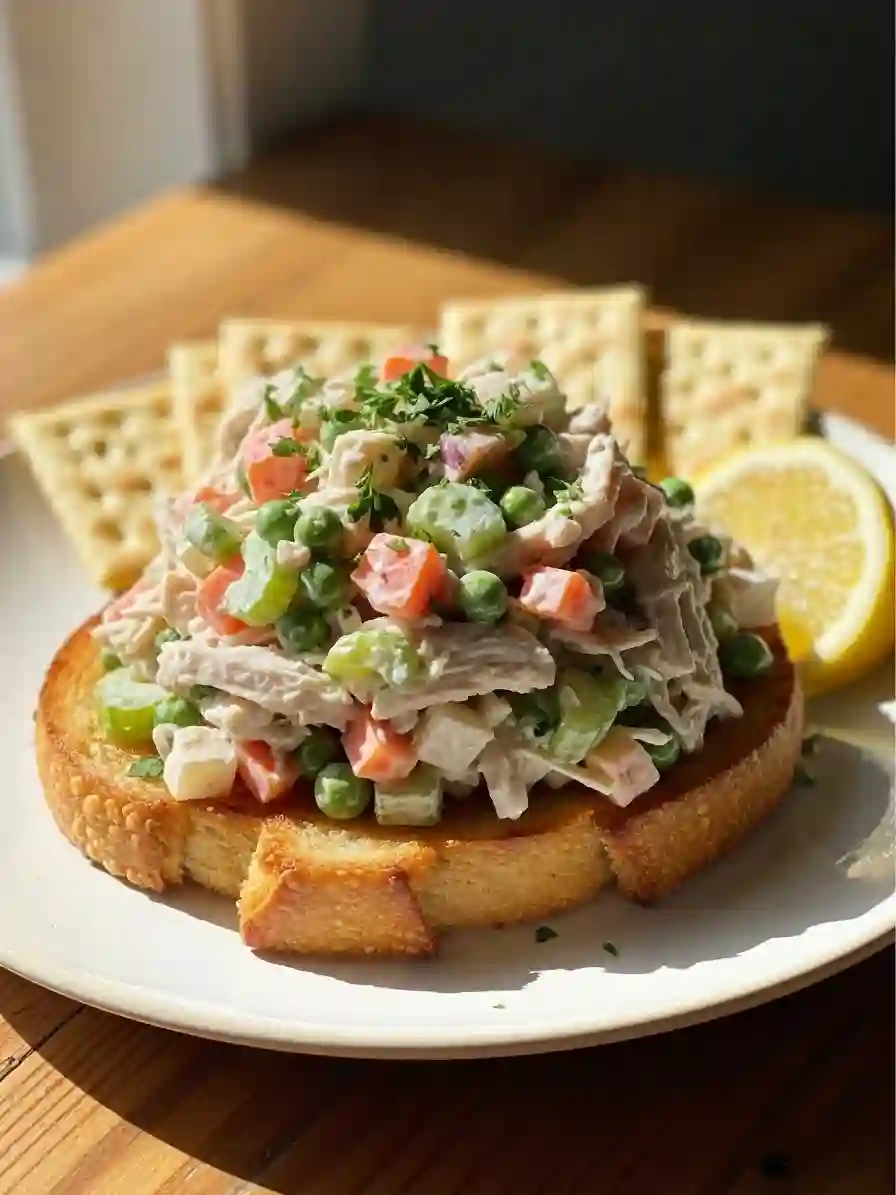 Chicken soup salad recipe served on toast with parsley garnish